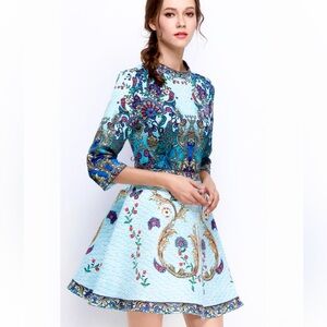 Comino Couture London Peacock Skater Dress Blue Baroque Print Party Event XS / S